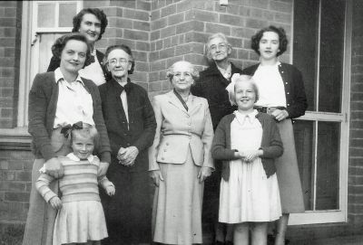 Back - Bessie Kilby, Amelia Alma Southwell, Runa Kilby & Middle - Noel and Elizabeth Southwell, Grace Peden and Dorothy Southwell & Front - Christine Southwell
