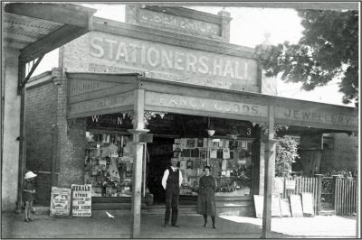 John Bembrick and shop assistant outside his Harden Shop 21 Feb 1921
