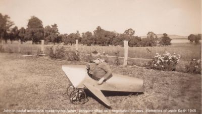 JOhn Starr in pedal aeroplane made by his father, Wilbur

