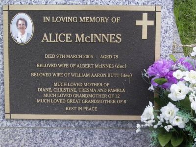 McInnes, Alice (wife of Albert MCINNES and William Aaron BUTT)
