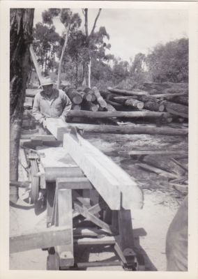Ossie Southwell, benchman on a saw bench
